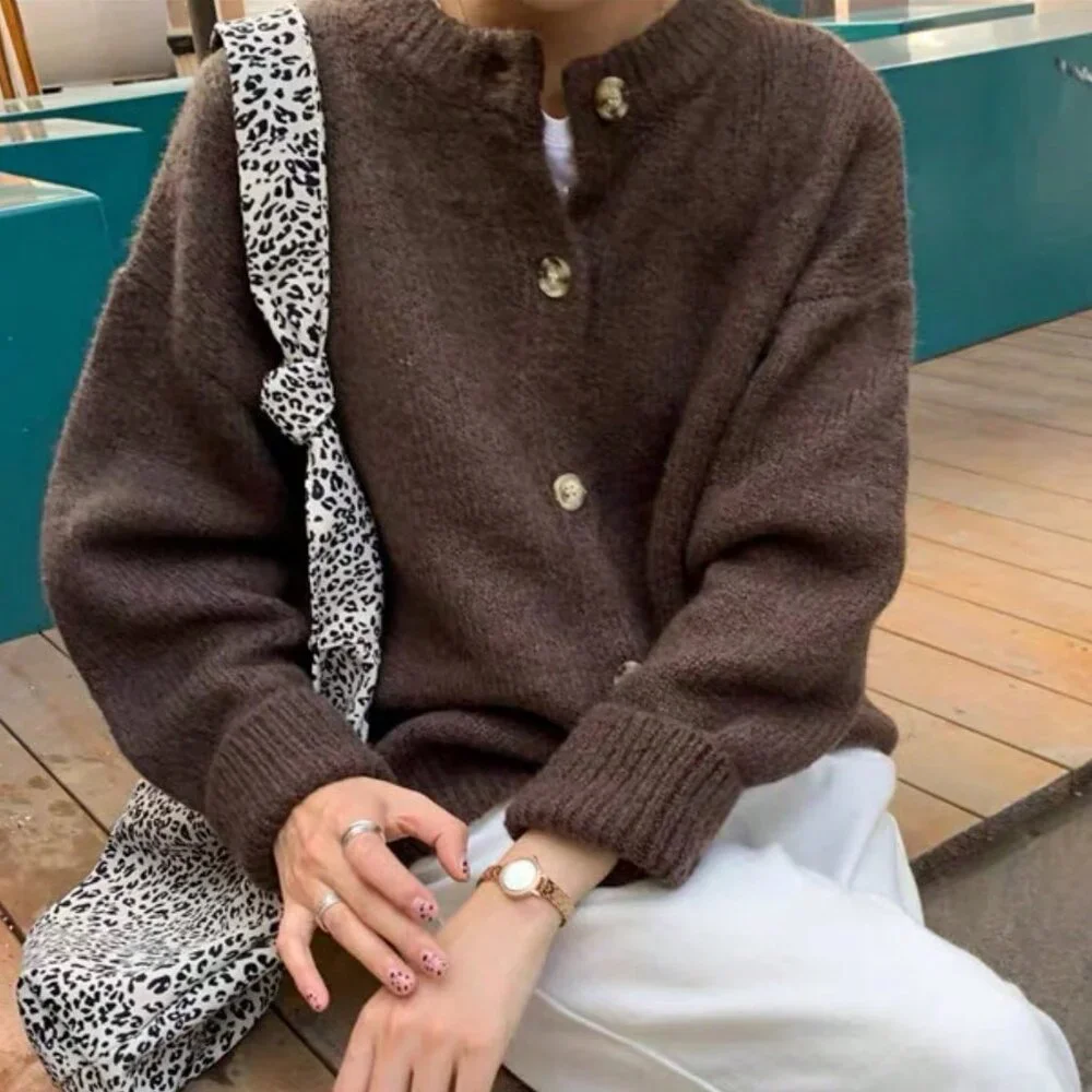 Brown Casual Women's Slouchy Loose Knitted Sweater Cardigan